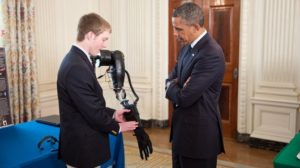 Mr. LaChapelle was able to present the robotic arm at the third annual White House Science Fair, where it shook hands with U.S. President Barack Obama in 2013.