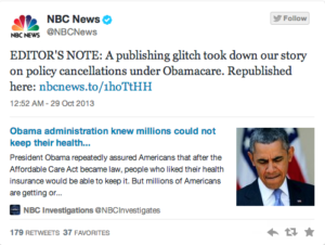 NBC claimed a "publishing glitch" for removing their article