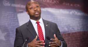Sen. Tim Scott, R-S.C., speaks to reporters about Guantanamo Bay Detention Facility, during a news conference on Capitol Hill in Washington, Thursday, Nov. 5, 2015. (AP Photo/Manuel Balce Ceneta)